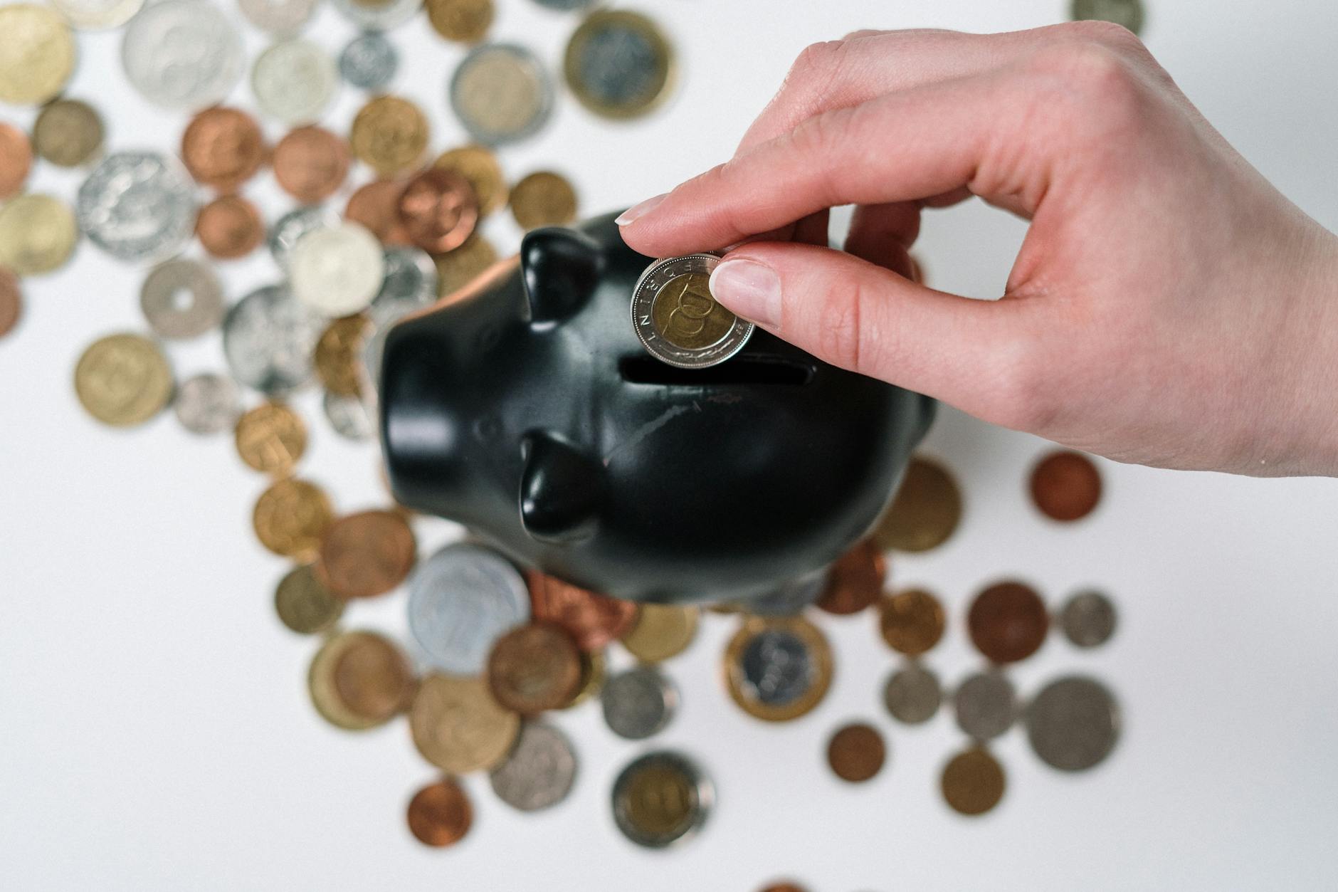 person putting coin in a piggy bank