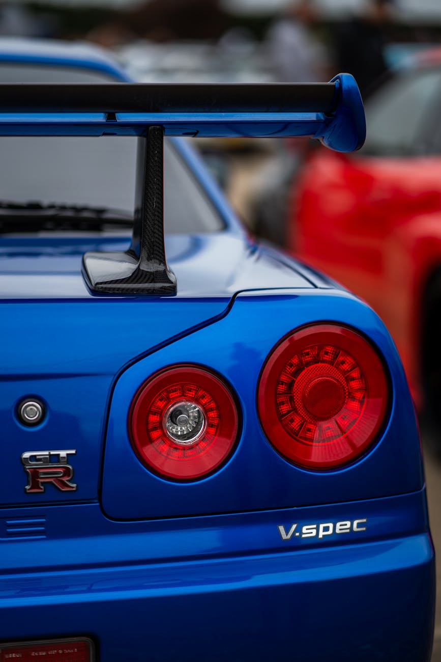 blue nissan gtr v spec at car show