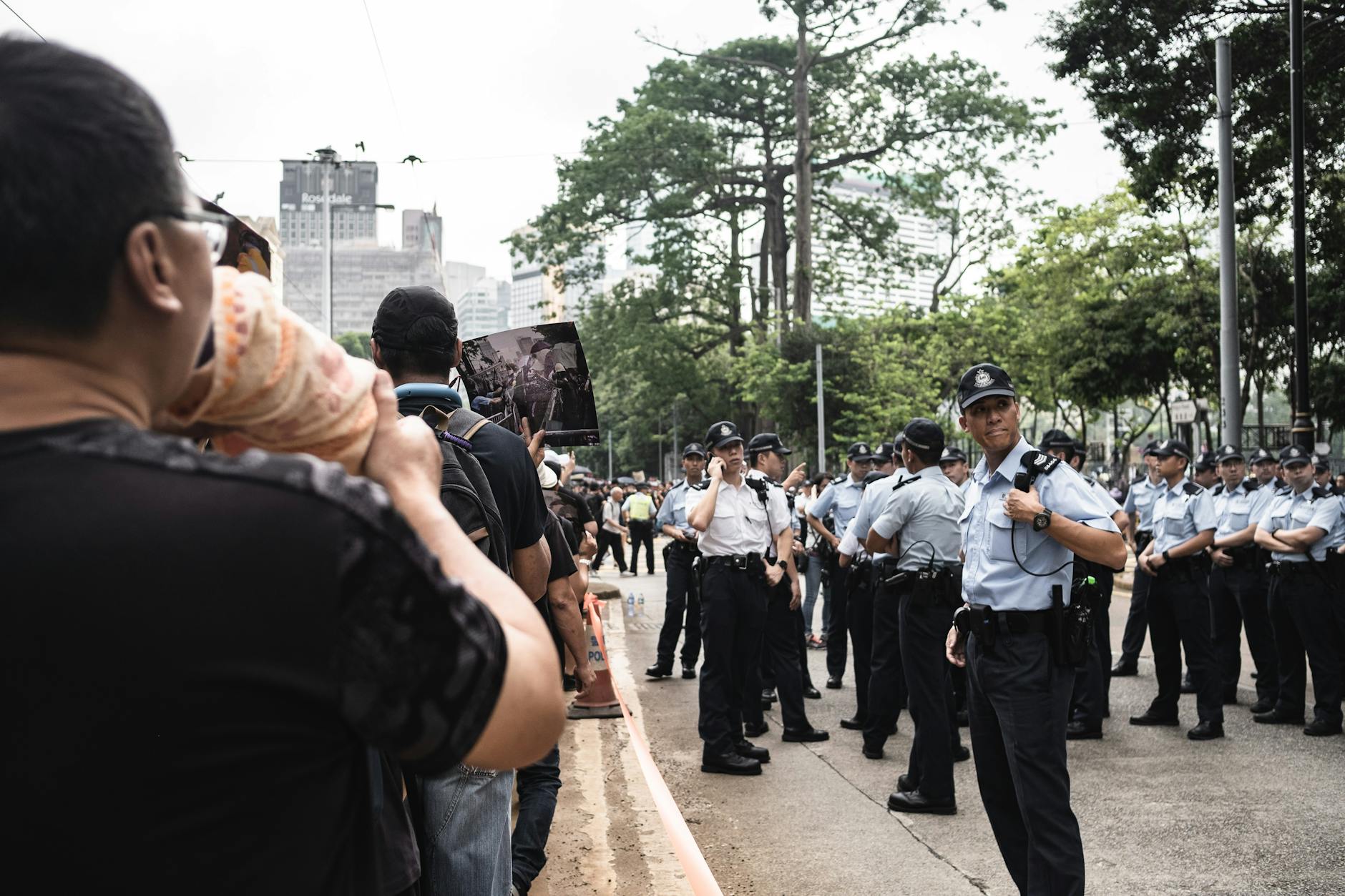 policemen on the street during a protest